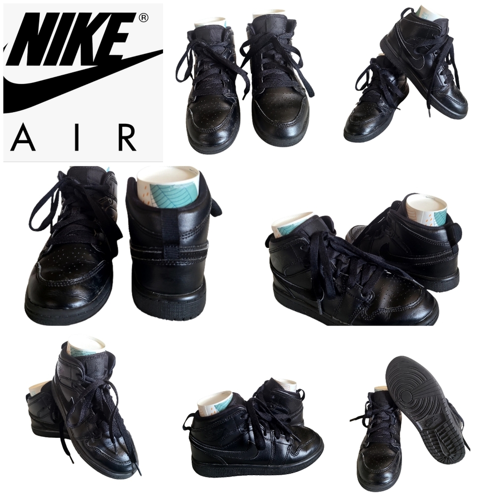NIKE AIR JORDAN 1 RETRO MID TRIPLE BLACK SNEAKERS 640734-090 YOUTH SIZE 1